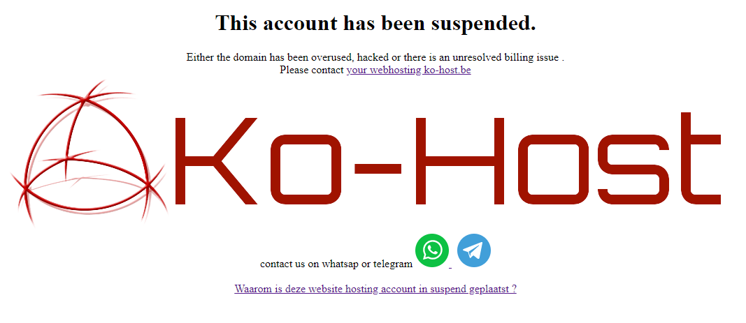 Help mijn website is suspended 1 Ko-host. Be website hosting suspended