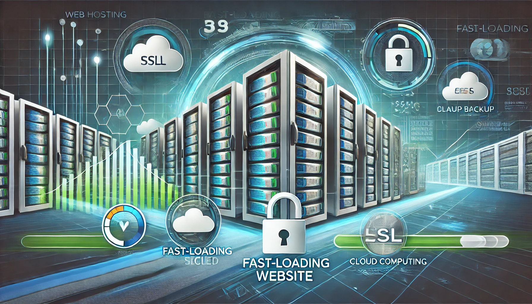 Header image for a web hosting company ko host. Be featuring servers inside a high tech data center with clean lines. A fast loading website is displayed