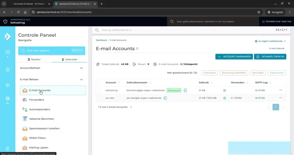 Hoe maak je zelf een e-mailadres aan in DirectAdmin 3 04 email accounts overzicht
