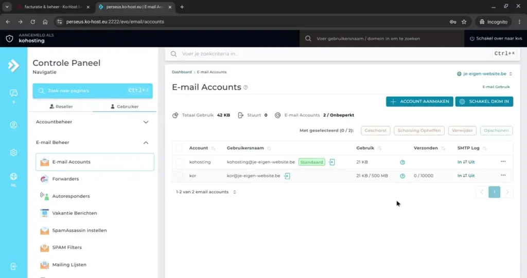 Hoe maak je zelf een e-mailadres aan in DirectAdmin 8 09 overzicht na aanmaken